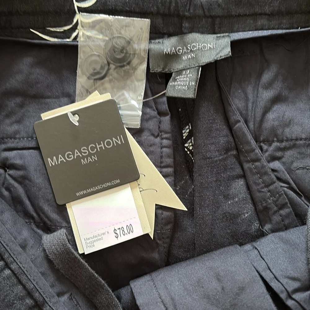 Magaschoni Man Linen Blend Palm‎ Printed Shorts Flat Front Navy White Size 33